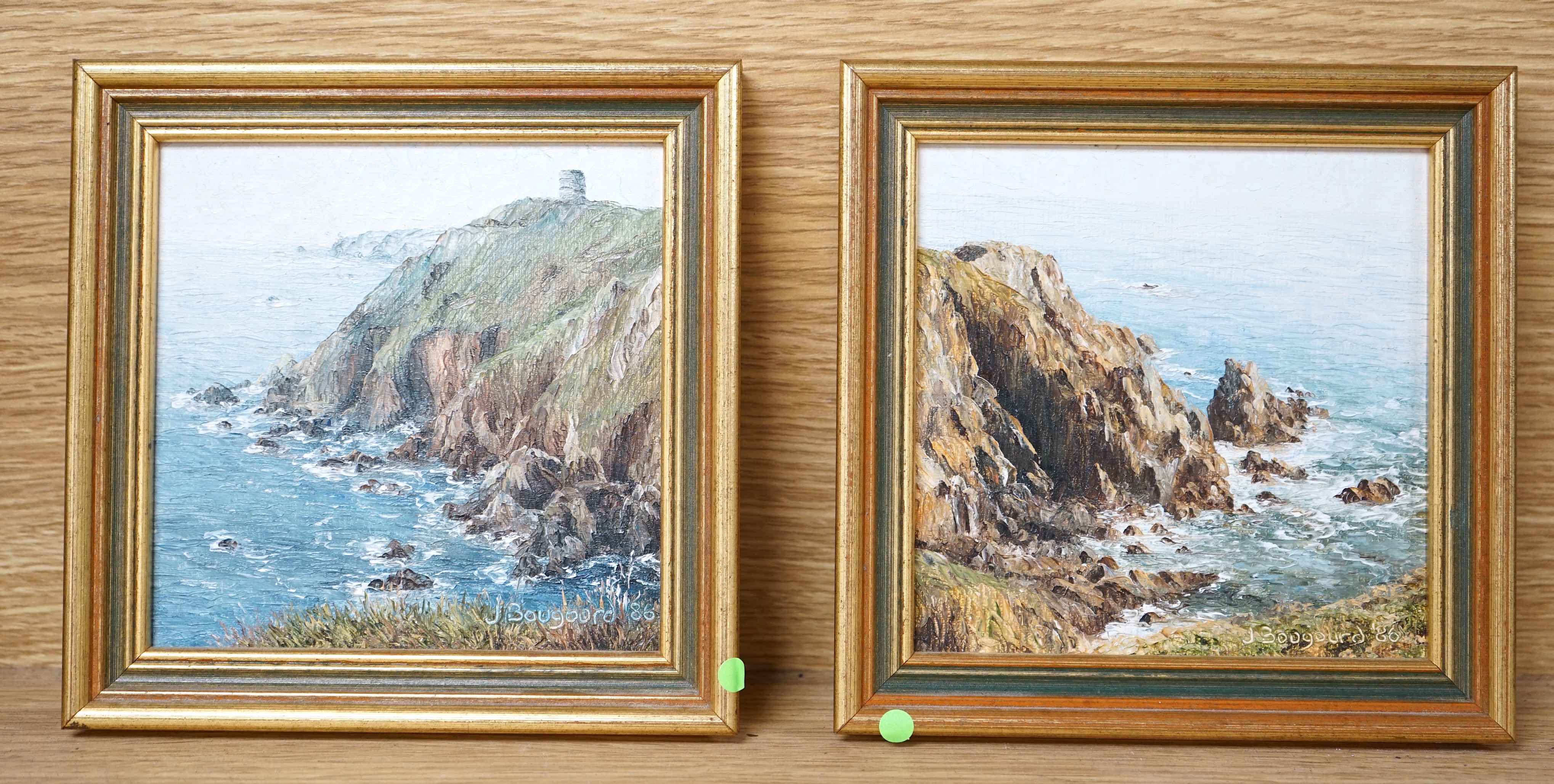 Jacqueline Bougourd (20th. C) pair of oils on board, Jersey views, including, ‘’Cannon Rock, Petitport’’, signed and dated ‘86, 12 x 12cms